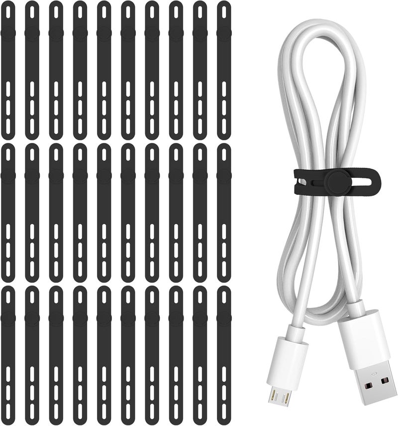 Donruby 30Pcs Silicone Cable Ties - Reusable & Washable with Adjustable Locking Buckles, High Elasticity Cable Management Straps for Home, Office, School, Travel Essential Cord Organizer (Black) - Image 1